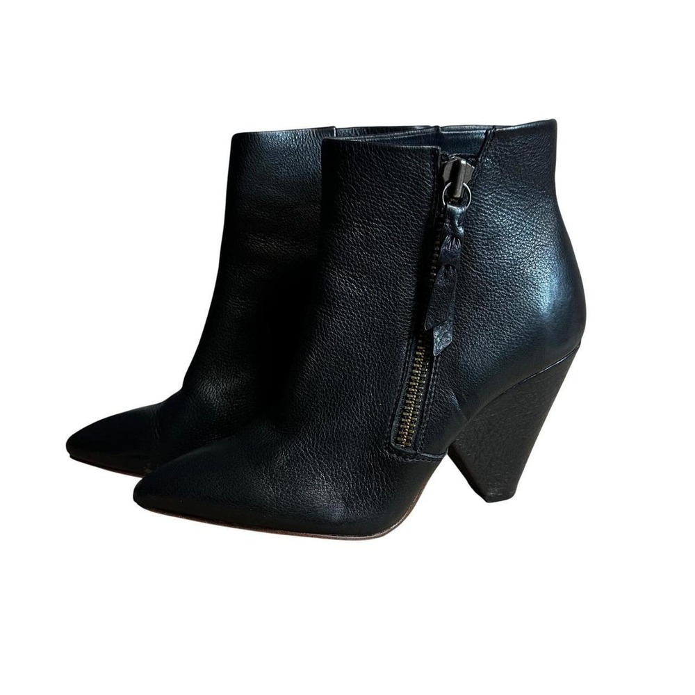 Splendid Black Leather Pointed Toe Zipper Accent Cone Heel Ankle Booties